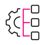 Un icono de engranaje conectado por líneas rosas a tres cuadrados vacíos, lo que sugiere un diagrama de proceso para las API de Pago que agilizan la forma en que las empresas realizan pagos digitales con facilidad.